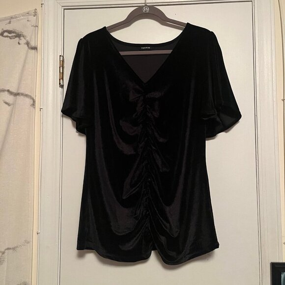 Torrid Size 1 Black Stretch Velvet Shirred-Front Flutter Sleeve Top - Picture 5 of 8